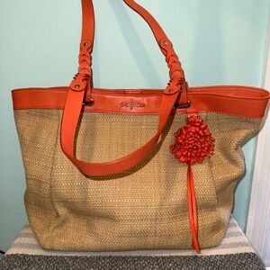 Come Haan Straw Tote with Orange Leather Trim